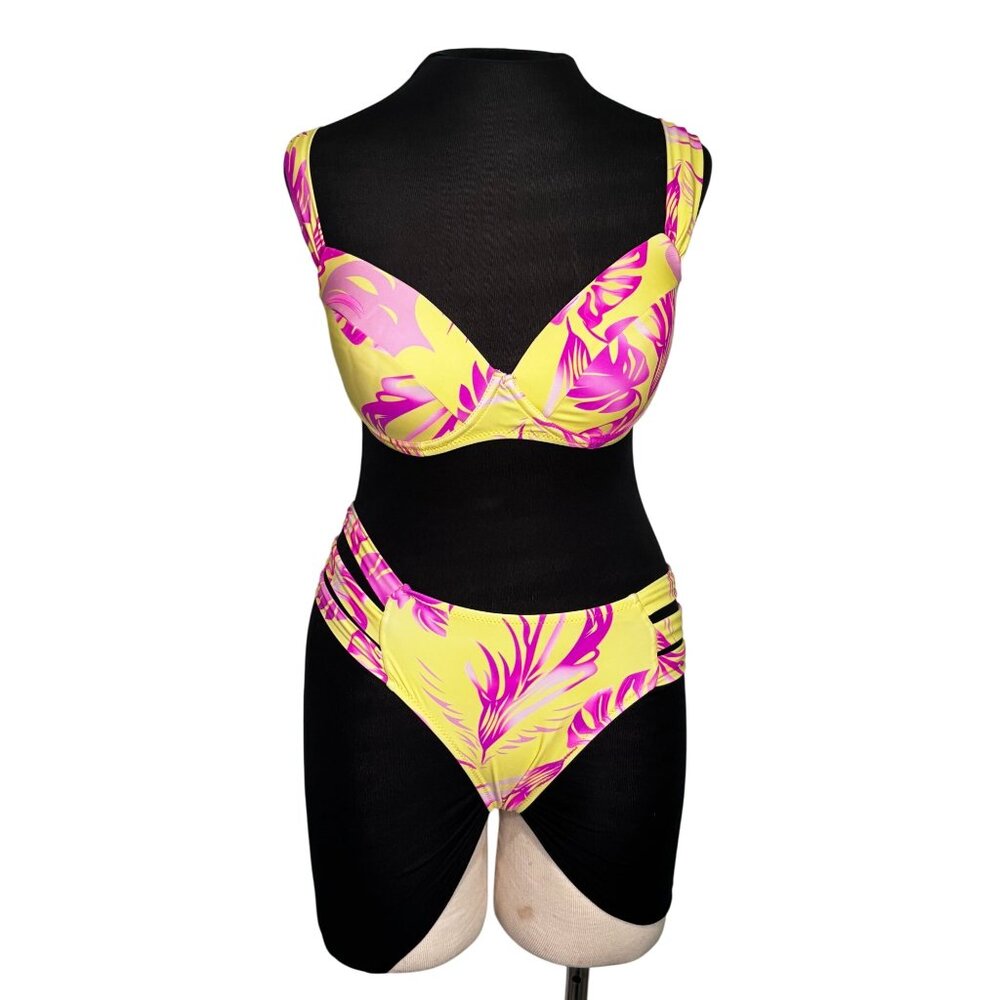 Yellow & Pink Tropical Print Bikini Set With Cutout Details Size M Fashion Nova